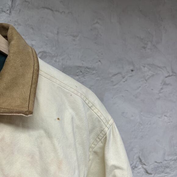 Mirage Vtg 90s Canvas Chore Coat Quilted Lined Faded Distressed Leather Collar - Picture 2 of 10